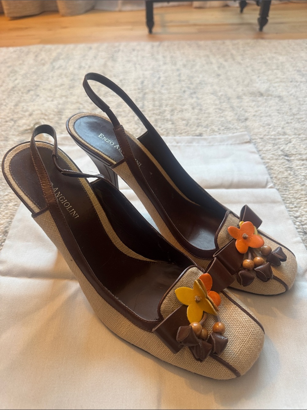 Enzo Angiolini Tan and Brown Floral Slingback Pumps